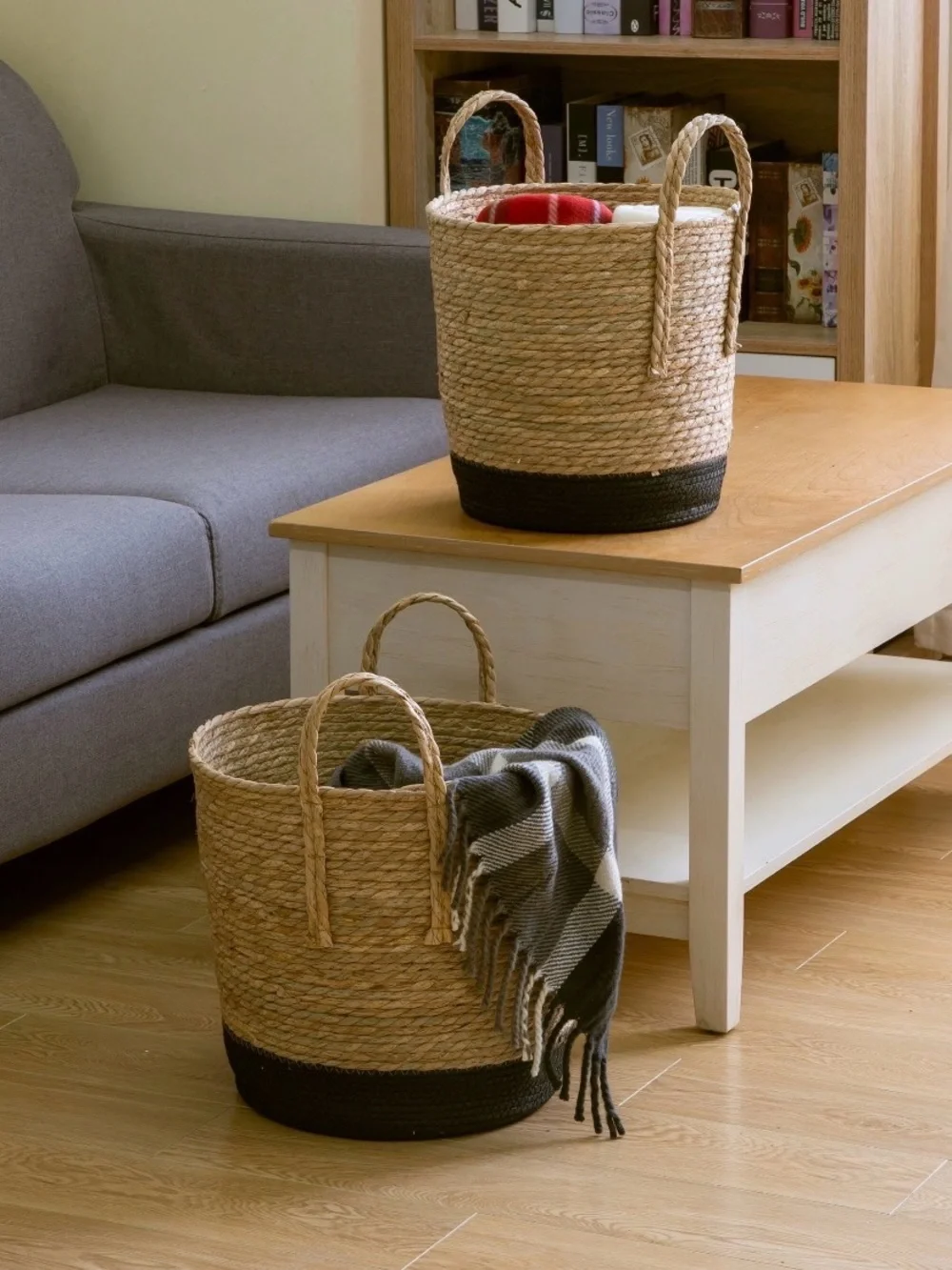 Woven Seagrass Storage Basket with Black Base - Natural